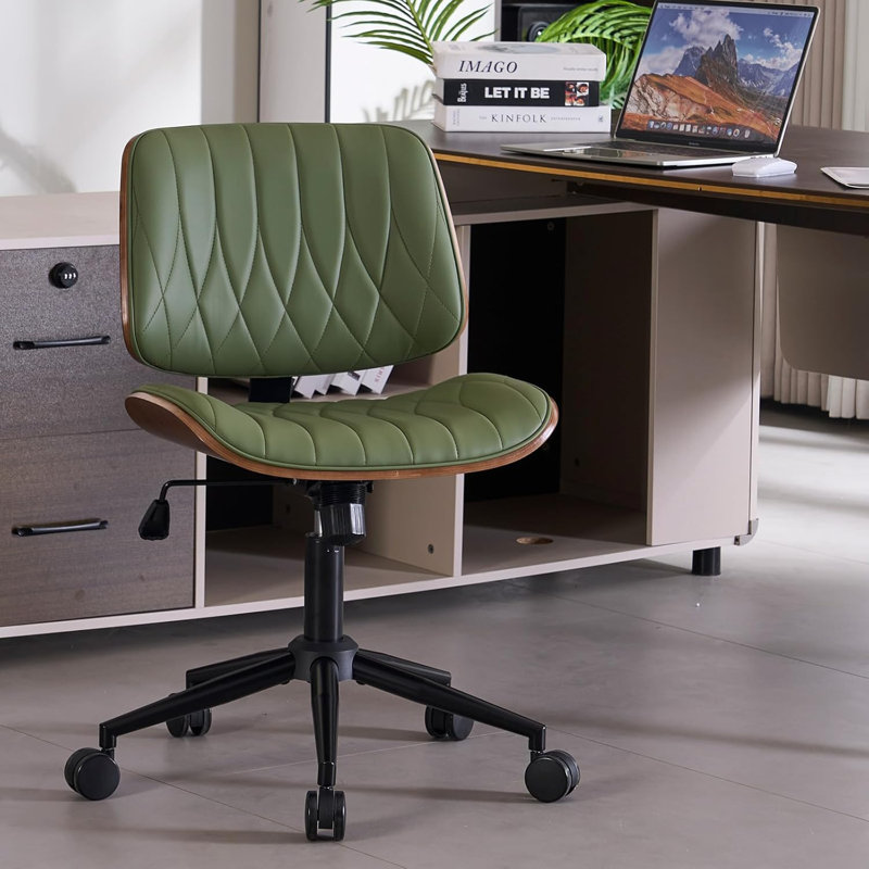  Armless Desk Chair, Modern Office Chair no Arms, Vanity Chair, PU Leather Computer Task Chairs, Ergonomic Desk Chairs for Home Small Space, Dorm, Swivel with Wheels, Mid Century Style, Green