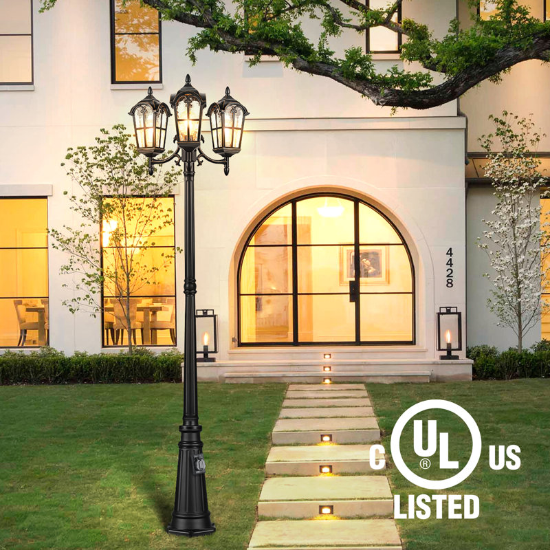 3-Head Dusk to Dawn Outdoor Lamp Post Light Fixture with Outlet