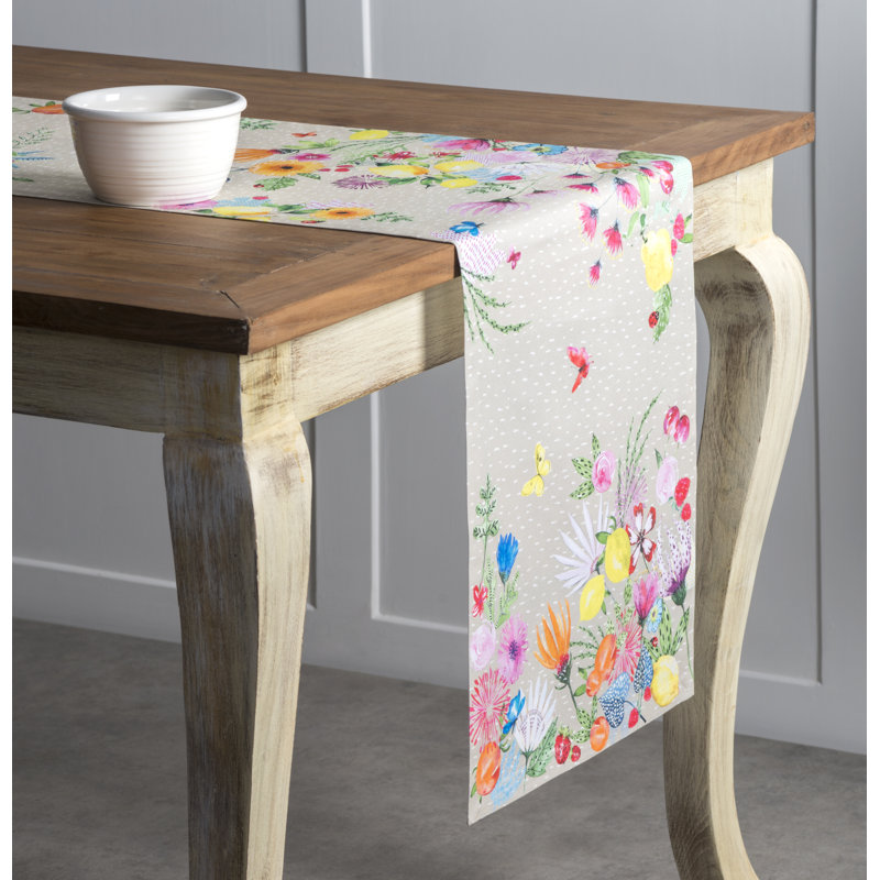 Floral 100% Cotton Table Runner, 108" L x 14.5" W, Fog