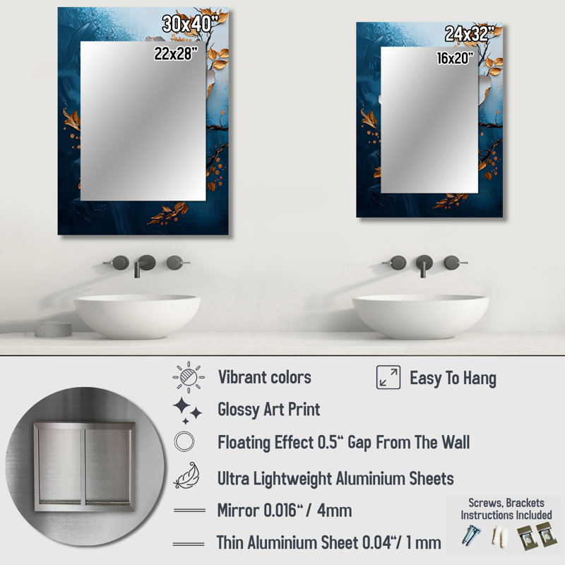 Or et pivoine bleue - miroir de pivoine, miroir mural décoratif doré, impression d'art en métal, 32 po x 24 po