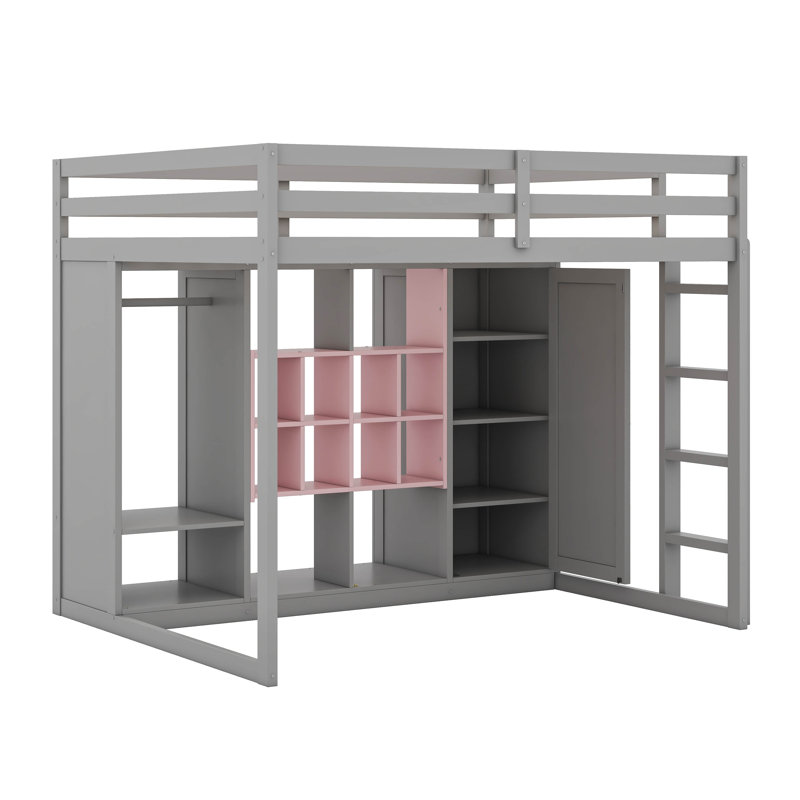  Lit mezzanine en bois avec garde-robe, tablettes de rangement et armoire, Double, Gris / rose