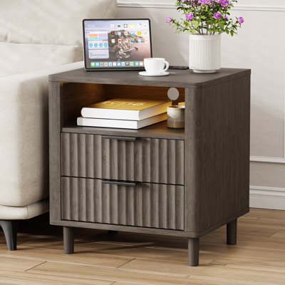24" H Mid Century Night Stand with Charging Station, 2 - Drawer Storage Fluted Cute Bedside Table with Open Shelf, Curved Profile End Table for Bedroom, Living Room, Sofa and Office - 1 Pcs