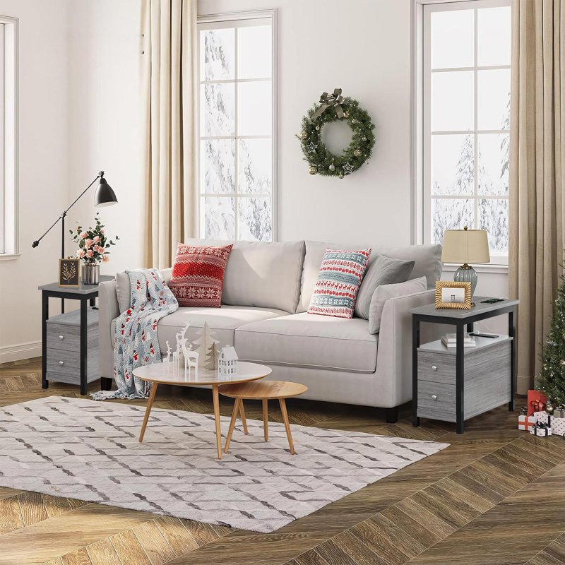 Rovanio Solid Wood Top End Table Set, Black/Gray