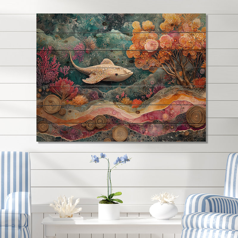 Stingray abstrait dans un aquarium, collages colorés II - art mural en bois Stingray - sur bois de pin naturel