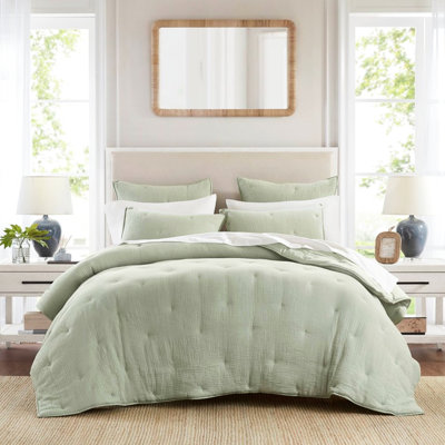 3 Cotton Gauze Embroidered Quilt For Full/Queen, Sage Color, Soft Natural , Breathable, All Season With Tacking And Shams Full/Queen , Sage, Use, Tacking, Matching