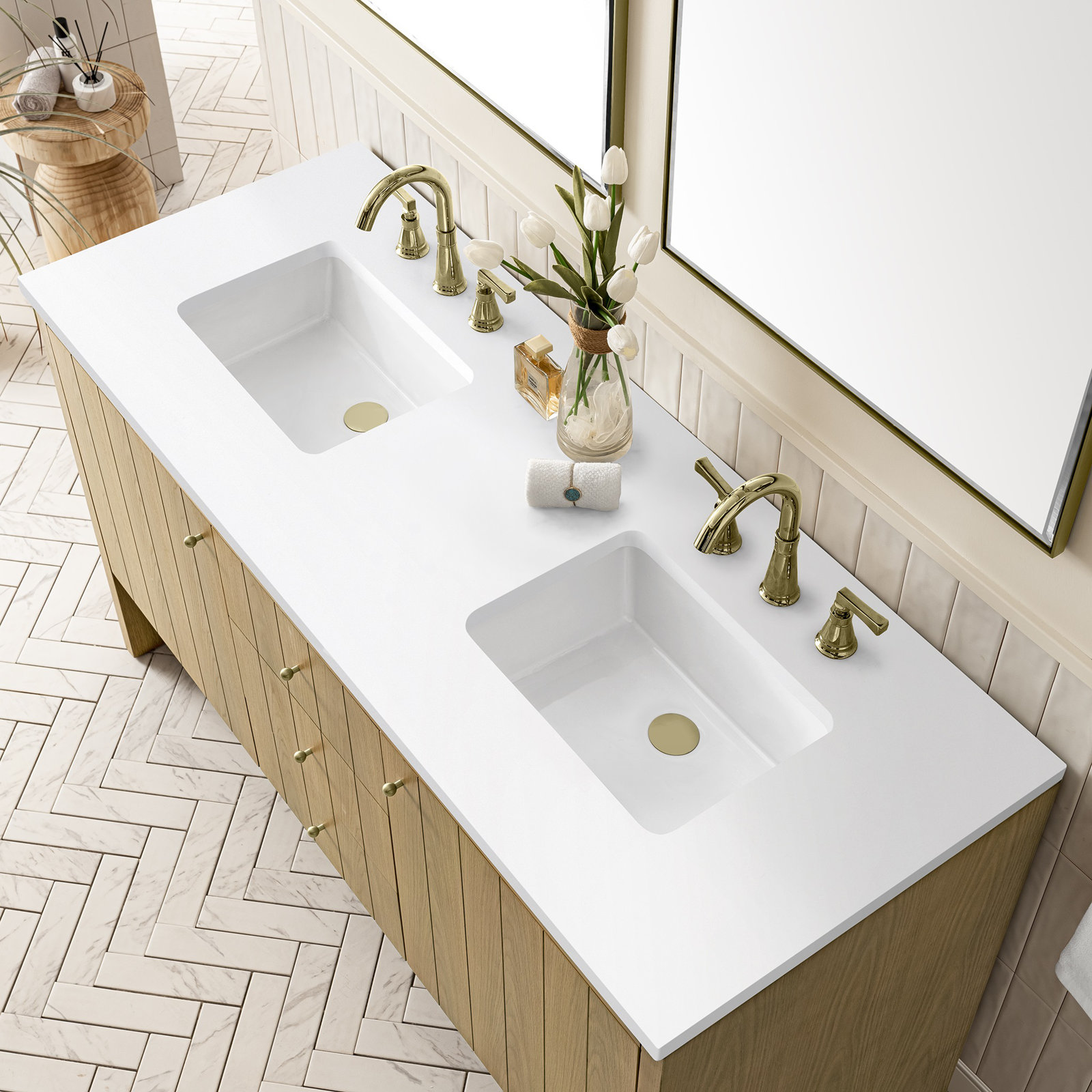 Hudson 60'' Double Bathroom Vanity, White Zeus, 8" Widespread, Light Natural Oak