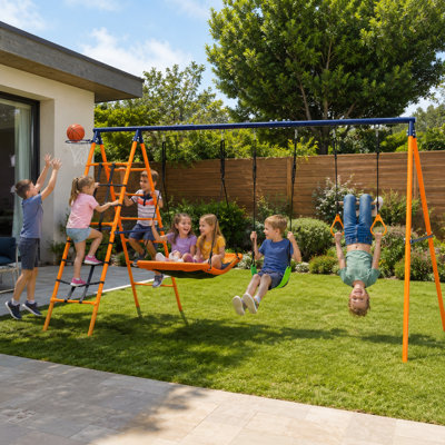 6-in-1 Heavy Duty Metal Swing Set for Backyard, Outdoor Playset with Saucer Swing, Climbing Net, Trapeze Bar and Basketball Hoop
