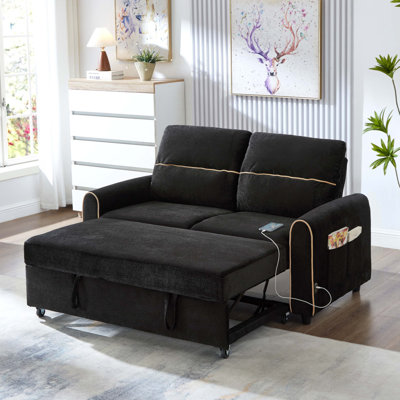 Convertible Pull Out Sofa Bed With Adjustable 3-position Backrest, 4 Side Pockets, Charging Ports And Elegant Gold Stitching