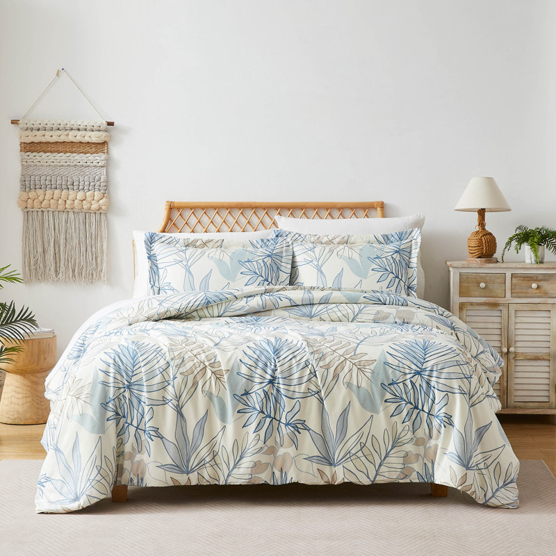 Tropic Leaf oversized duvet cover set, King Duvet Cover + 2 King Pillow Shams, Blue