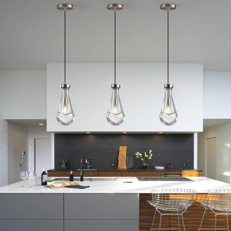 Luminaire suspendu pour îlot de cuisine 1 lumière avec verre transparent Raindrop, Nickel