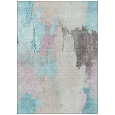 Machine Washable Indoor/Outdoor Xhevrie Teal Rug