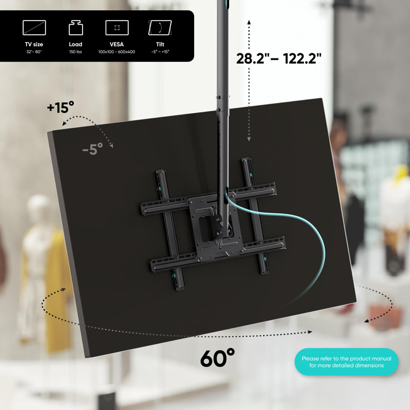 Onkron Tv Ceiling Mount For 32-80 Inch Screen Up To 150 Lbs, Height Adjustable, Full Motion Ceiling Tv Mount Long, Max Vesa 600x400, Hanging Television Pole Bracket With Swivel And Tilt Black