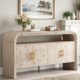 4-door Elegant Console Table With Natural Embossed Texture, Curved Edge And Metal Handles