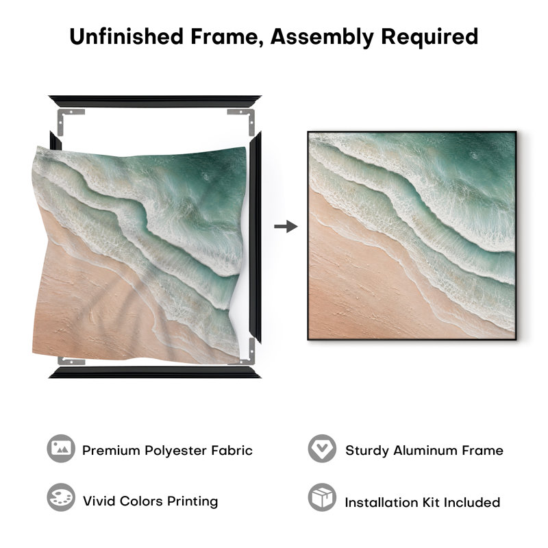 Extra Large Wall Art Fabric Print - Aqua Green Ocean Waves and Soft Beige Sandy Shore Coastal View for Living Room or Bedroom - "Frame Assembly Required (Unfinished Frame)"