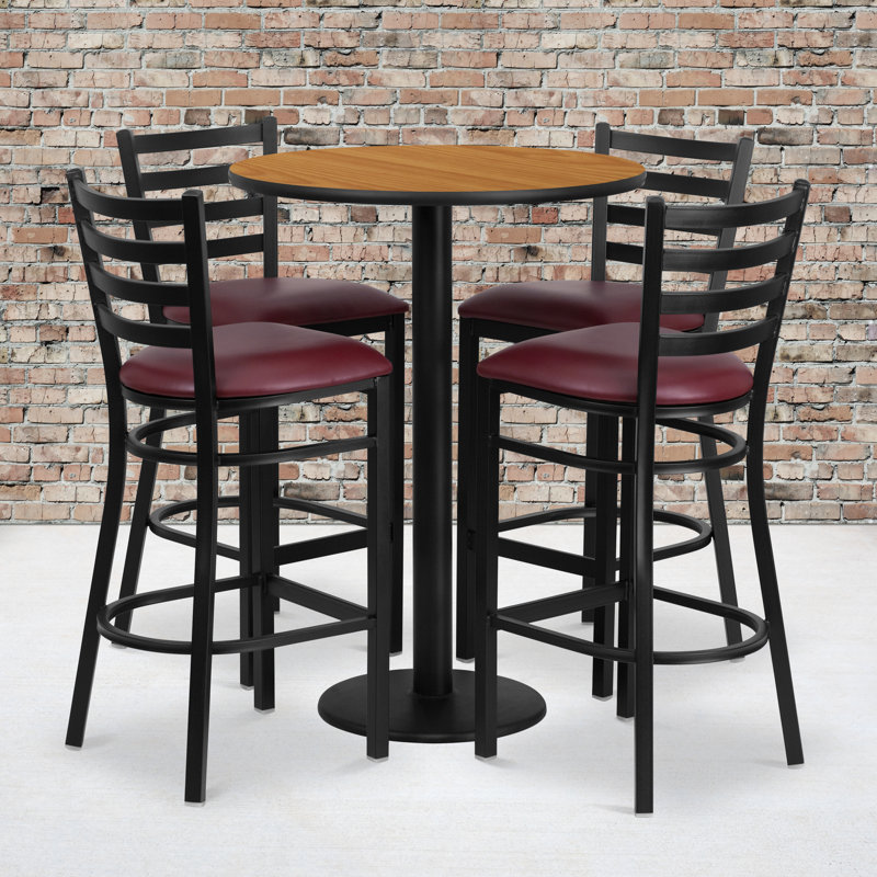 Aniket 30'' Round Laminate Table Set with Round Base and 4 Ladder Back Metal Barstools, Natural, Burgundy