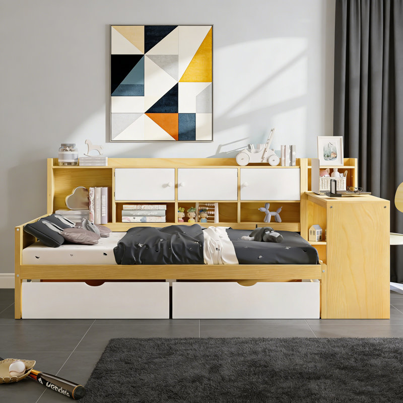 Natural & White Wooden L-Shape Daybed With 7 Storage Cabinets, 2 Drawers, Study Desk & Bookshelf
