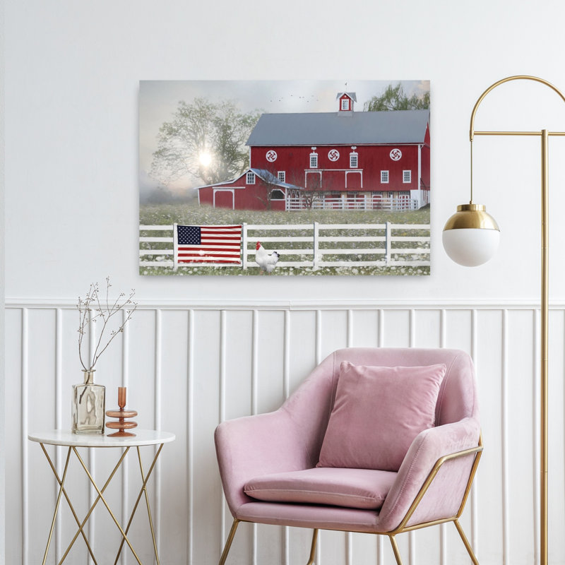 «Patriotic Farm Abstract Contemporary Bird Landscape Summer Art», H 24 po x l 36 po