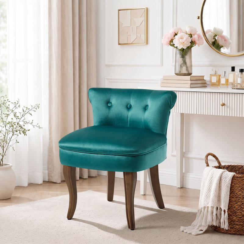Chaise de coiffeuse rembourrée de 65,3 cm (25,7 po) avec dossier bas et pieds en bois massif, Marine