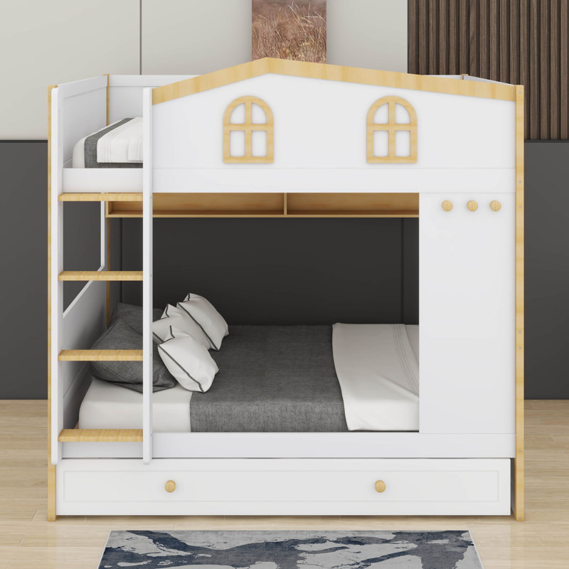 Lit superposé avec garde-corps en forme de maison et lit gigogne, lit superposé en bois avec tablettes de rangement