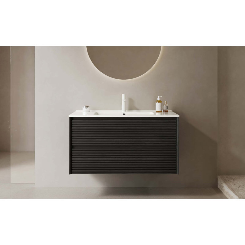 Meuble-lavabo de salle de bain avec lavabo, armoire de rangement murale moderne en contreplaqué flottant avec lavabo à 2 tiroirs en céramique avec couvercle et drain, pré-assemblé