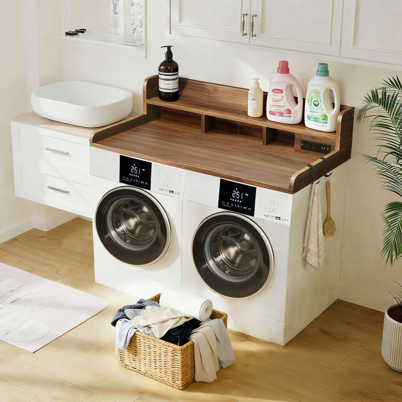 Comptoir de laveuse et sécheuse à 2 niveaux avec prise de courant, grand comptoir à linge pour vêtements pliables de l 54 po x P 27,5 po, surmatelas avec patins et crochets antidérapants et panier de rangement