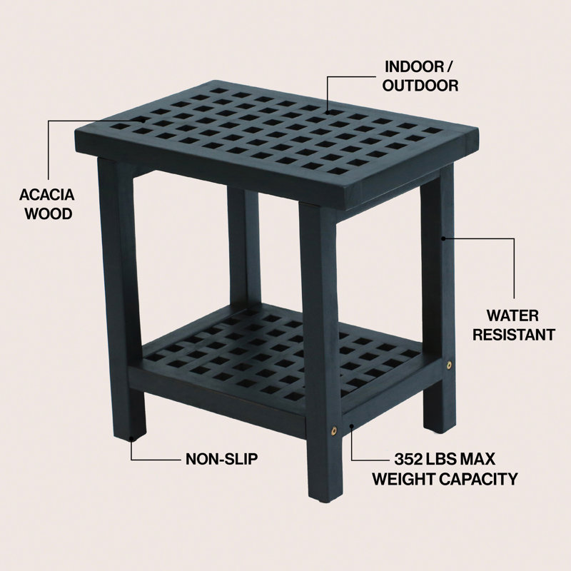 Armin 18" Modern Black Acacia Wood Shower Stool with Storage Shelf, Heavy Duty Slatted Bath Spa Bench for Bathroom, Shower & Entryway