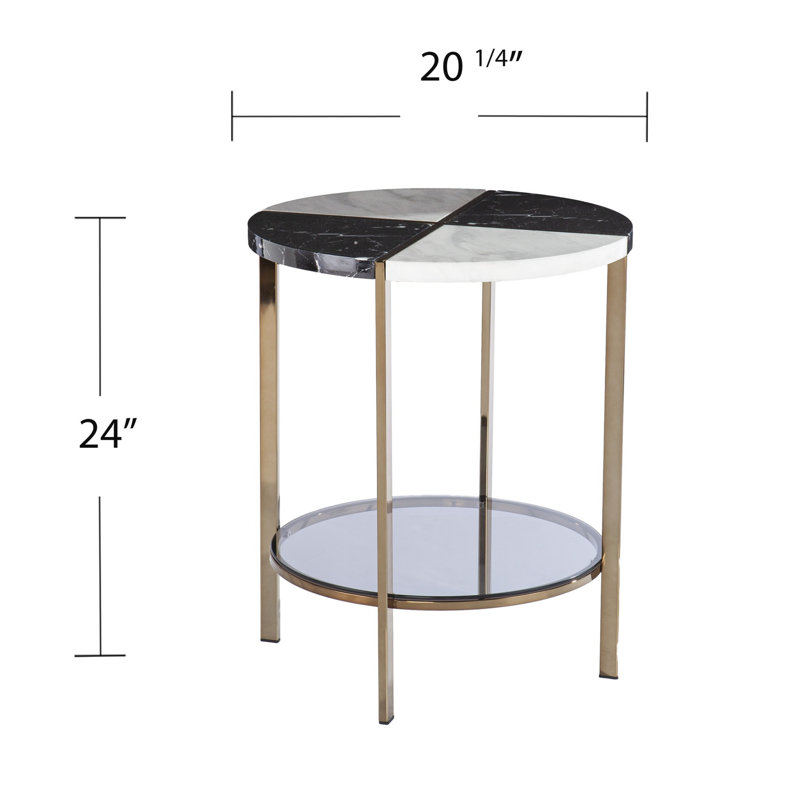  Table de bout ronde transitionnelle en bois et fer noir 24 po avec deux tablettes