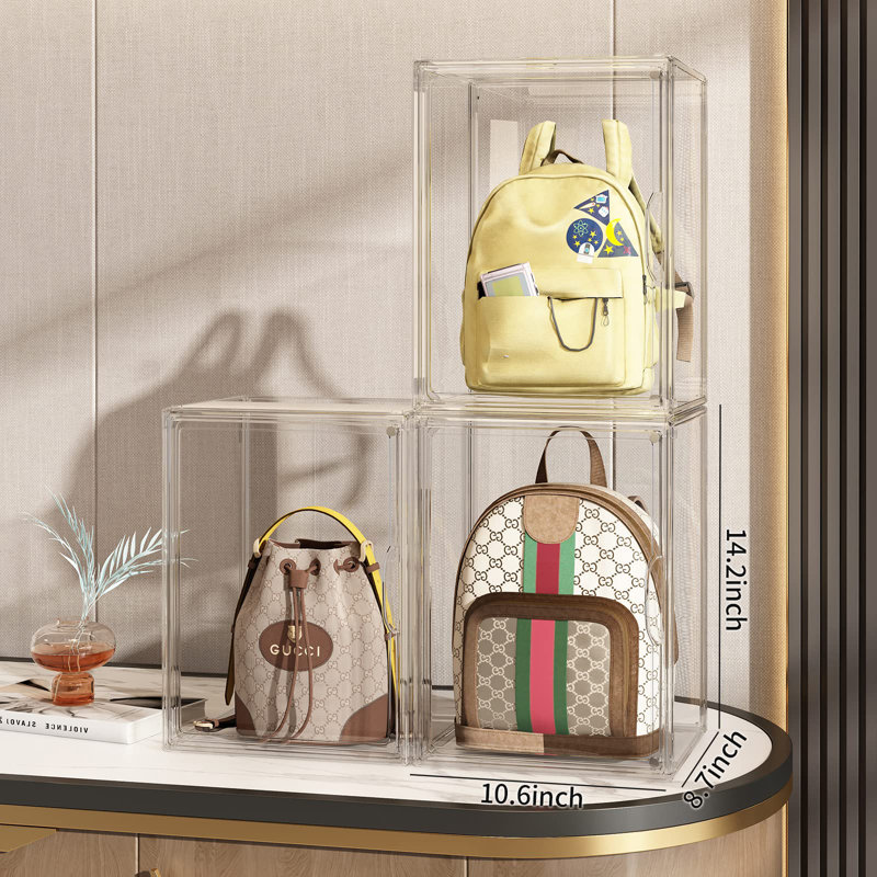 Rangement pour sac à main, ensemble de 3 vitrines en acrylique transparent pour collection, empilable avec porte magnétique (transparent)