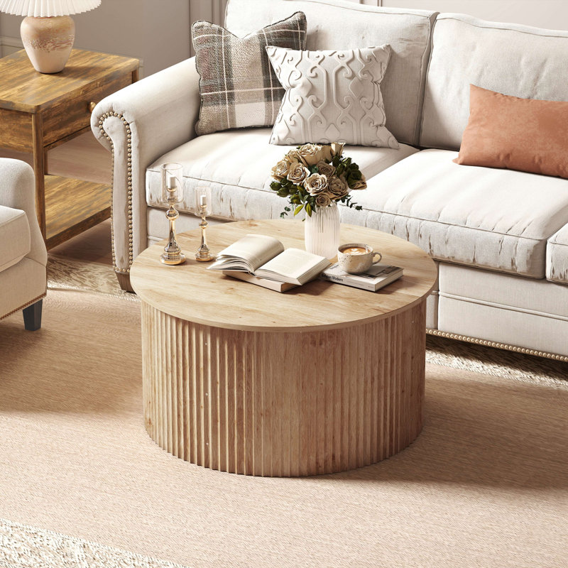 Table basse relevable, table basse ronde moderne cannelée de 81 cm (32 po), naturelle