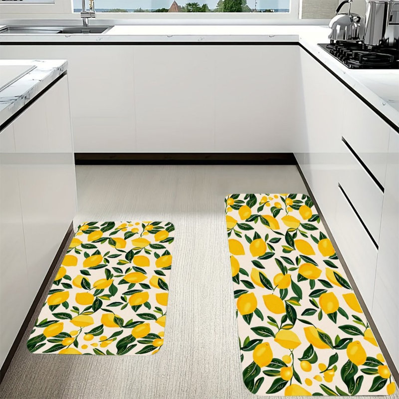 Minimalist Lemon Print Kitchen Mats for Kitchen & Simple Decor,Cream 2-Piece Set
