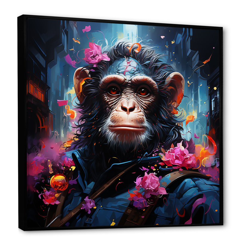 Floral, singe, art mural singe, H 16 po x l 16 po x P 1 po, Cadre flottant noir
