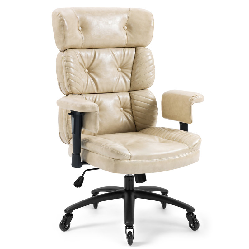 Chaise de bureau en cuir à trois sections avec roulettes en caoutchouc, Ivy White