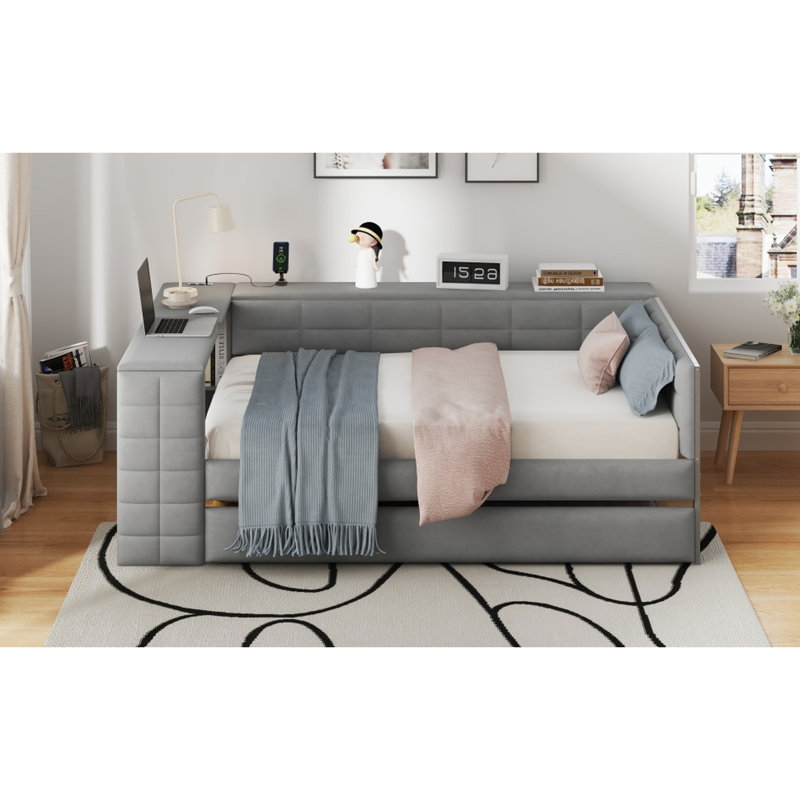 Gray Full Size Upholstered Bed With Storage Shelves, Desk, 2 Ports And Twin Trundle For Practical Bedroom Design Platform In Storage, Charging Upgrade