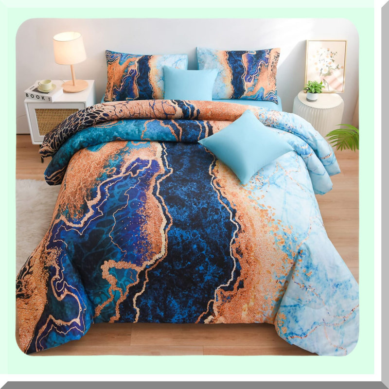Mountain Marble Watercolor Comforter Set - Retro Style 7pcs Bedding Set for Queen Size Bed - Ultra Soft Bed in a Bag with Burning Mountain Print