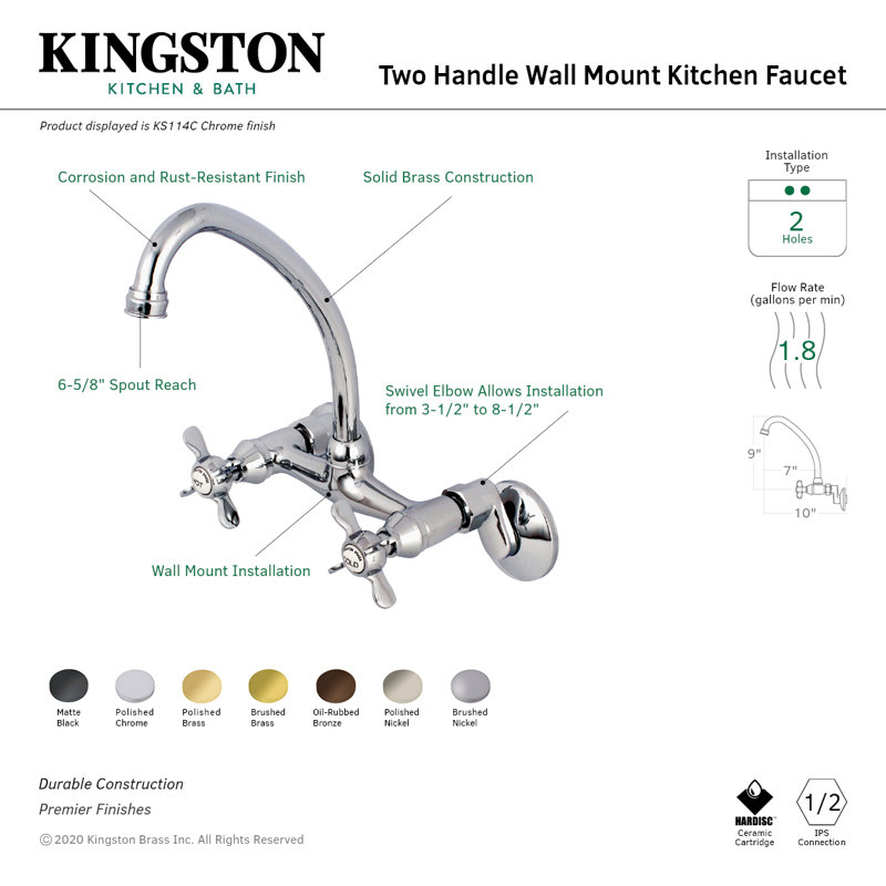 Kingston Brass Essex Double-Handle 2-Hole Wall-Mount Bridge Kitchen Faucet, Matte Black