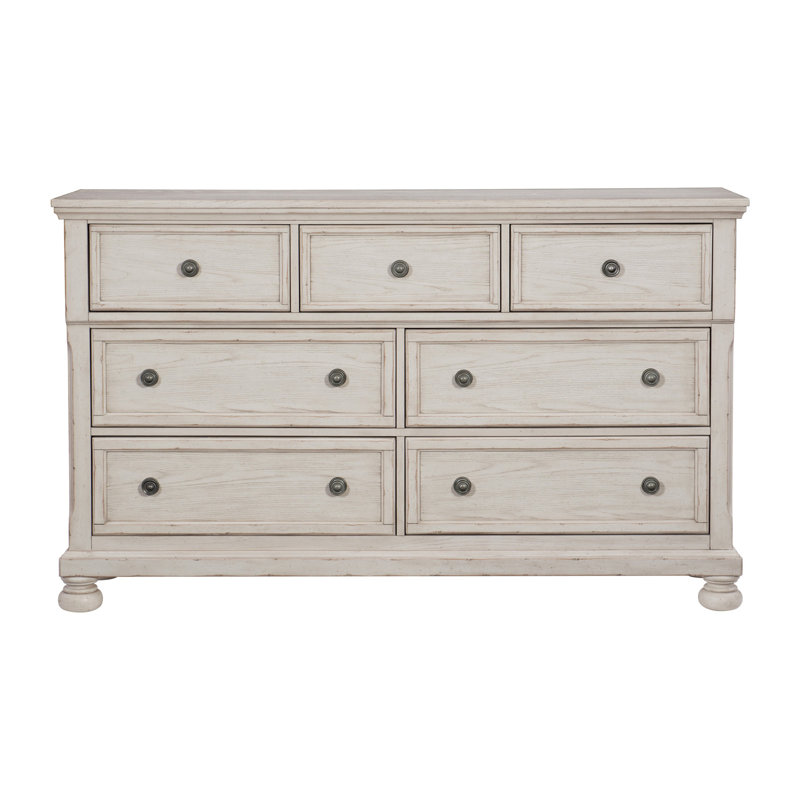 Commode de 7 tiroirs au fini blanc antique, Blanc