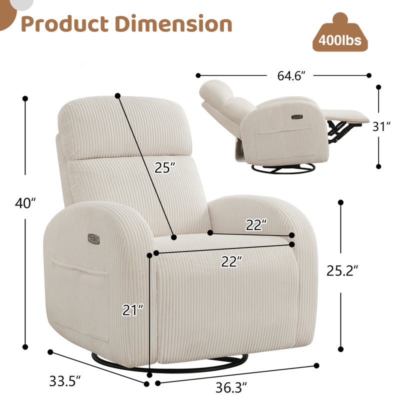 Fauteuil inclinable électrique berçant en tissu Delba, Velours côtelé blanc, No