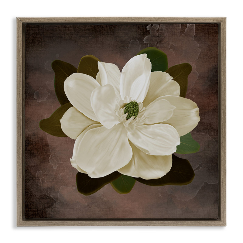 Magnolia sur cadre flottant brun, design par Jennifer Stith, H 25 po x l 25 po, Cadre flottant orme Montalcino