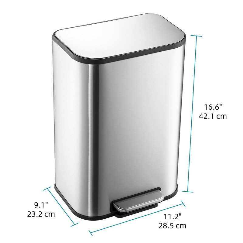 Stainless Steel Garbage Can With Lid, Step-On Pedal And Inner Bucket, Rectangular Trash Can For Kitchen, 3.2