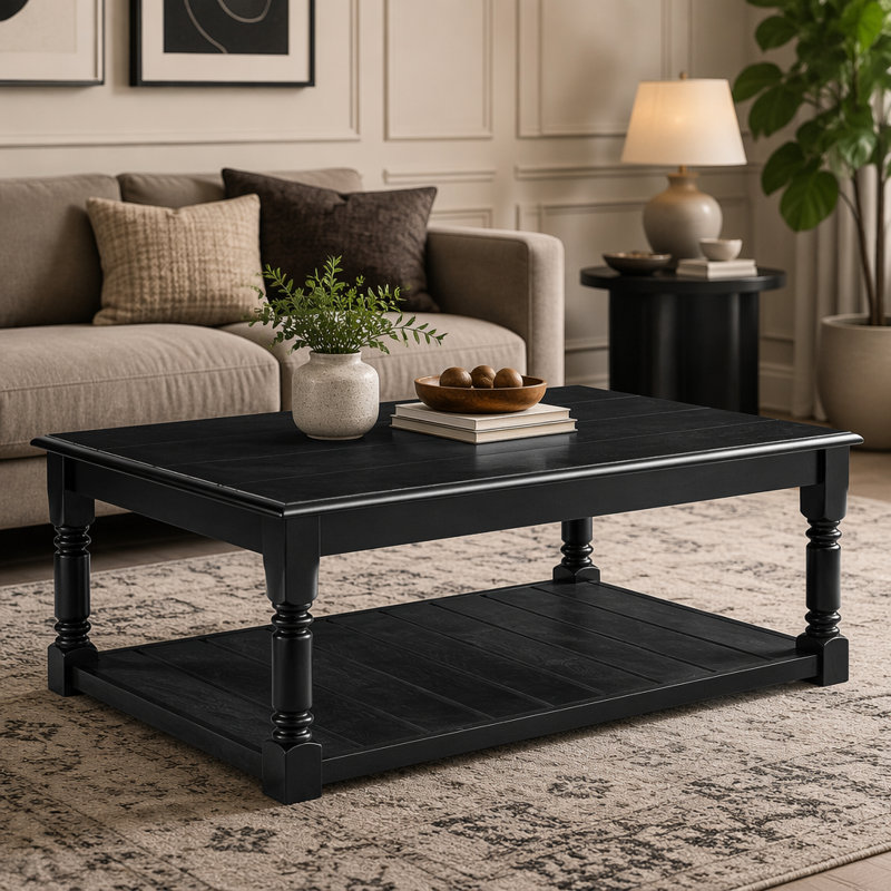 Table basse en bois avec tablette inférieure à lattes, table basse rectangulaire à pieds en bois massif tourné, table centrale