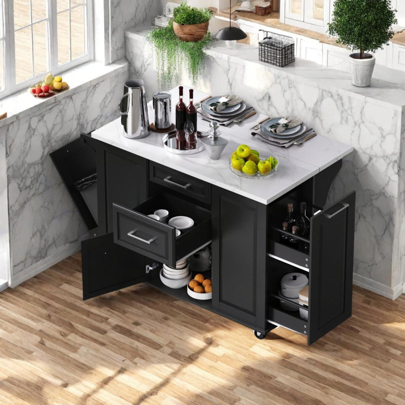 50.7" Kitchen Island with Storage and Tilt Trash Can Cabinet, Black