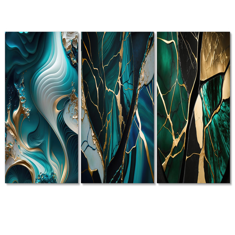 «Abstract Geode Turquoise II» sur toile, reproduction de 3 pièces, H 32 po x l 48 po x P 1 po