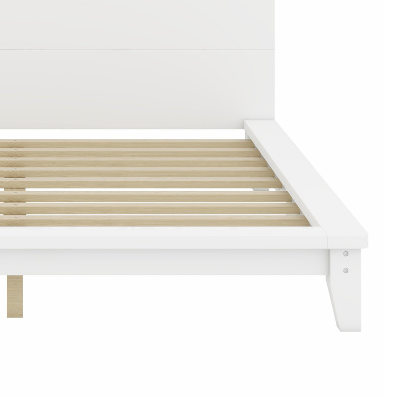 Structure de lit plateforme classique avec tête de lit, support en lattes de bois, Blanc