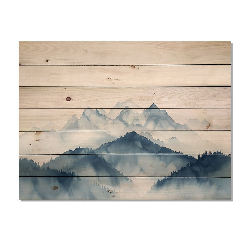 Hiver bleu et blanc Mountain Majesty II - paysage de montagnes, art mural sur bois de pin naturel, H 10 po x l 20 po