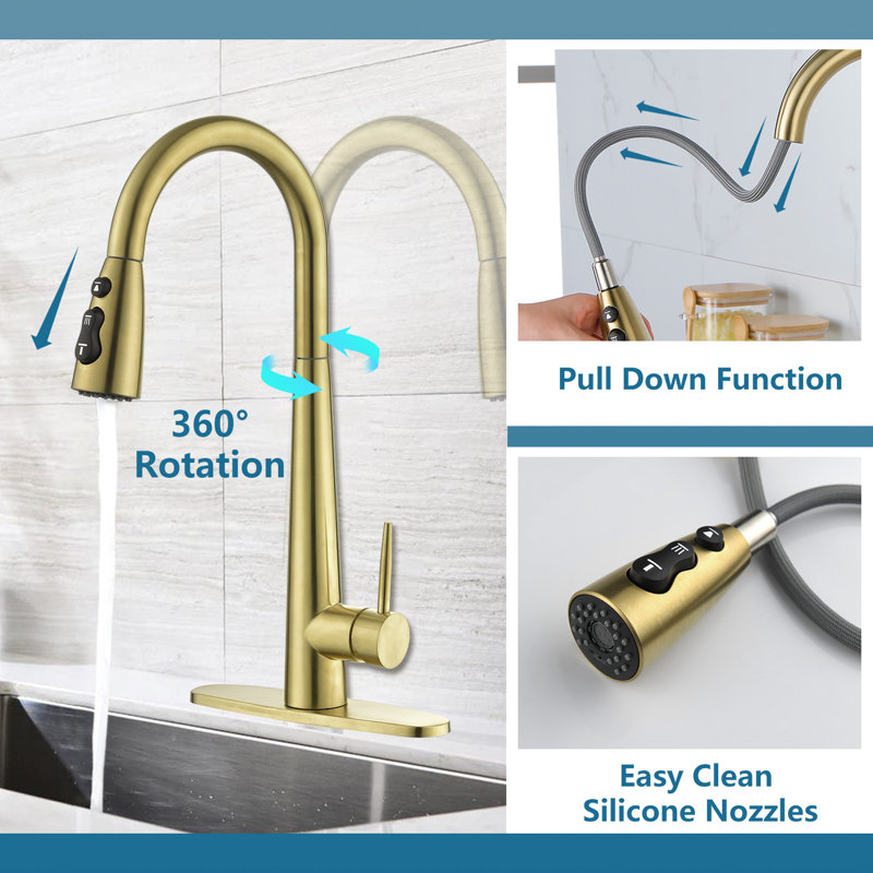 Pull Down Single Handle Kitchen Faucet, Brushed Gold