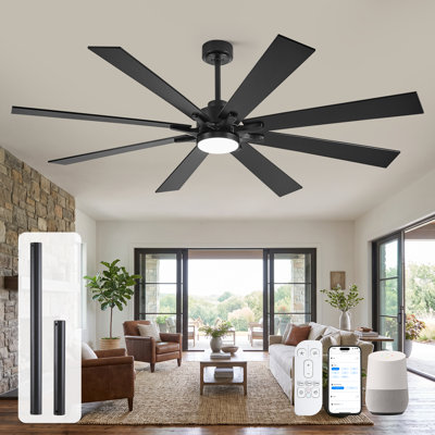 72 Inch Smart Large Ceiling Fan with Light, 5CCT Dimmable, Alexa APP Remote Control, 8 Black Plywood Blades, Industrial Grade High Airflow Quiet Reversible DC Motor for Living Room Commerce