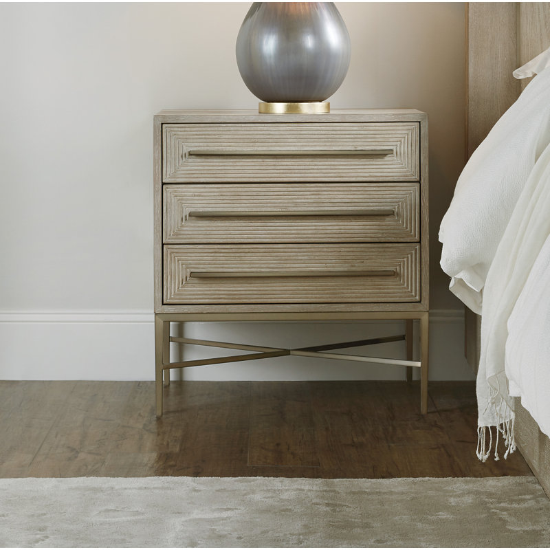 Transitional Beige 3-Drawer Nightstand with Striped Border