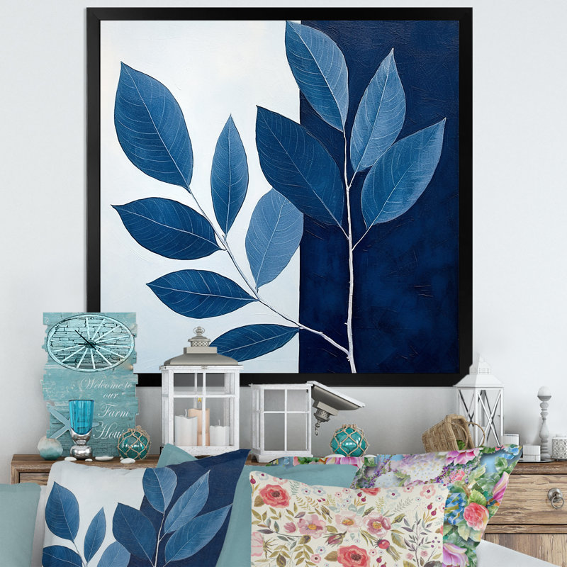 Blue Indigo Leaves Harmony I, Cadre simple noir, H 16 po x l 16 po x P 1 po