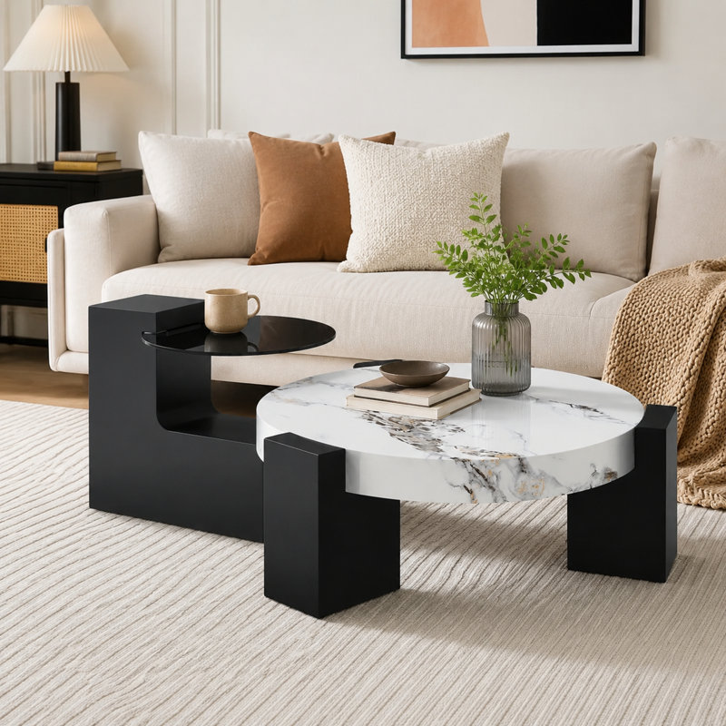 Ensemble de 2 tables basses gigognes rondes modernes avec plateau en verre trempé et imitation bois, Blanc, Noir