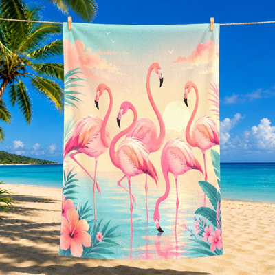 1 serviette de plage de flamants roses vibrante, avec un beau design tropical avec des flamants roses, des feuilles de palmier et des fleurs d'hibiscus, parfaite pour les voyages, les activités de plein air